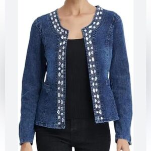 Women's Blue Denim Jacket with Embroidered Trim